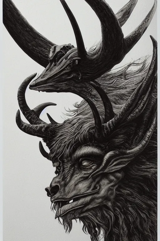 Image similar to sideview waist up portrait of baphomet with big antler, starship made with porcelain by jeff easley and peter elson, beautiful eyes and face, symmetry face, galaxy, gothic, surreal, dread, highly detailed, intricate complexity, epic composition, magical atmosphere, masterpiece, award winning, trending on artstation