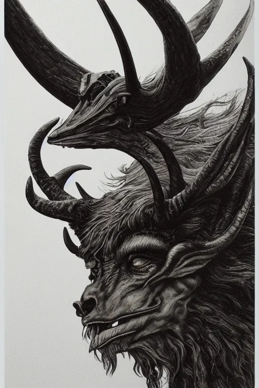 Prompt: sideview waist up portrait of baphomet with big antler, starship made with porcelain by jeff easley and peter elson, beautiful eyes and face, symmetry face, galaxy, gothic, surreal, dread, highly detailed, intricate complexity, epic composition, magical atmosphere, masterpiece, award winning, trending on artstation