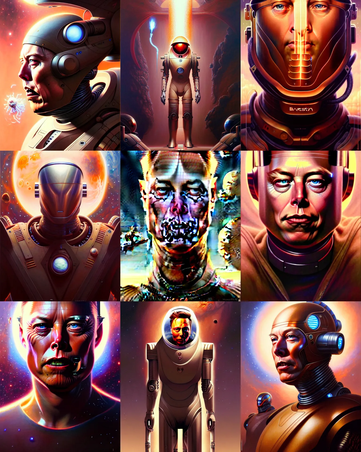 Prompt: beautiful elon musk vs mars fantasy character portrait, ultra realistic, cyborg, muted color, wide angle, intricate details, the fifth element artifacts, highly detailed by peter mohrbacher, hajime sorayama, wayne barlowe, boris vallejo, aaron horkey, gaston bussiere, craig mullins