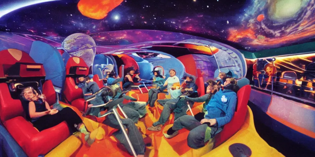 Image similar to 1990s photo of inside the Space Sofa ride at Universal Studios in Orlando, Florida, riding the flying sofa through space , cinematic, UHD