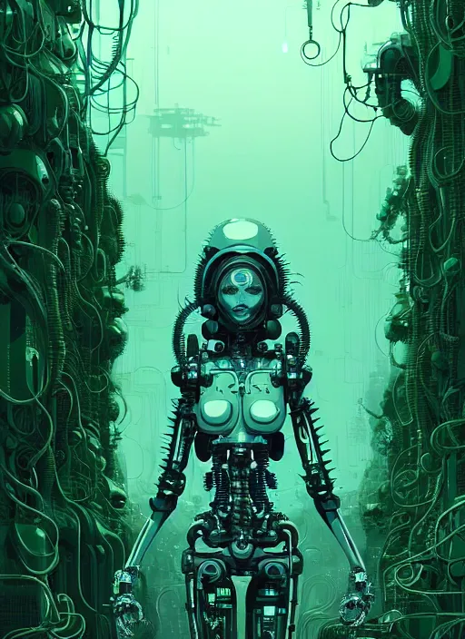 Prompt: highly detailed portrait of a biopunk cyborg long curly white hair tribal lady, stray wiring by atey ghailan, james gilleard, by joe fenton, by greg rutkowski, by greg tocchini, by kaethe butcher, 4 k resolution, gradient green, black and white color scheme!!! ( ( forested robotic dense jungle background ) )