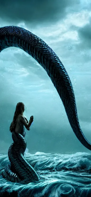 Image similar to giant serpent made of water, made of liquid, rising up from ocean, water armor, high detail, high contrast, close up portrait, studio lighting, stormy seas, beautiful, bokeh, snowy, storm clouds, god rays, d & d, fantasy, elegant, aquamarine color palette, concept art, roger deakins and greg rutkowski and alphonse mucha