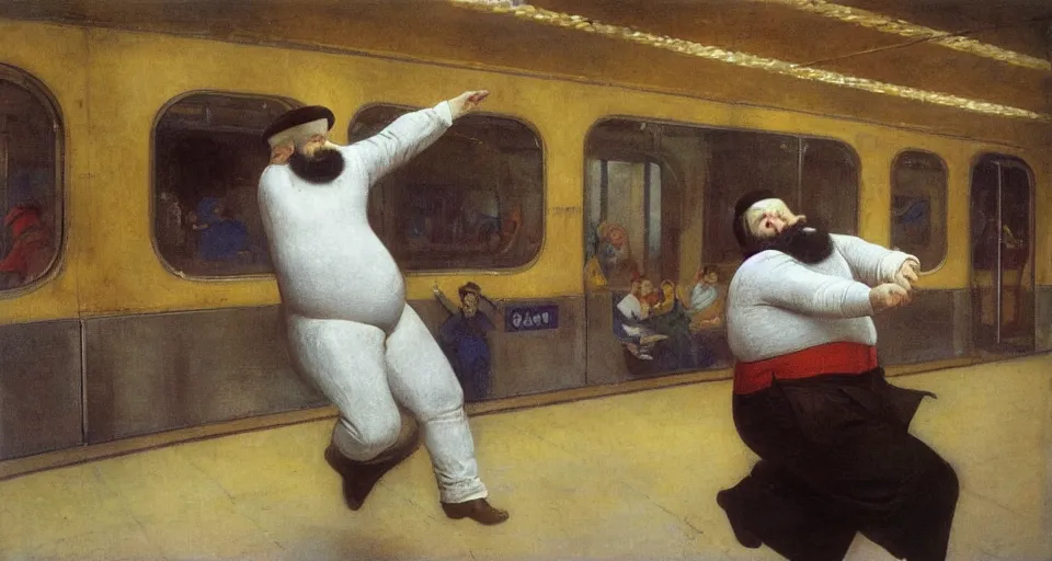 Prompt: portrait of a chubby bearded young man dancing the subway in new york, glowing with silver light, color by Franz Marc, highly detailed architecture by Jean-Léon Gérôme, by Winsor McCay, today's featured photograph, 16K