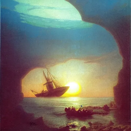 Image similar to sunset from inside underwater air bubble containing a sunken ship, many brightly colored fish and coral, leviathan, albert bierstadt, illustration