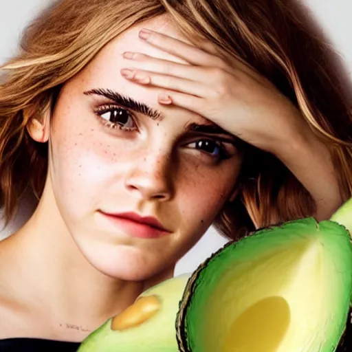 Image similar to photograph of emma watson with avocado - colored skin, anthropomorphic, photoshop