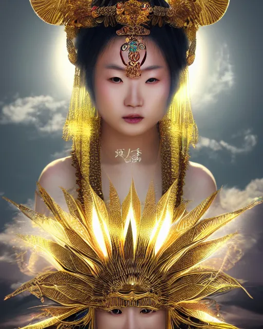 Image similar to hyper realistic portrait photo of beautiful ameterasu the sun goddess of japan, japanese model, portrait shot, intricate detail, glittering sun rays