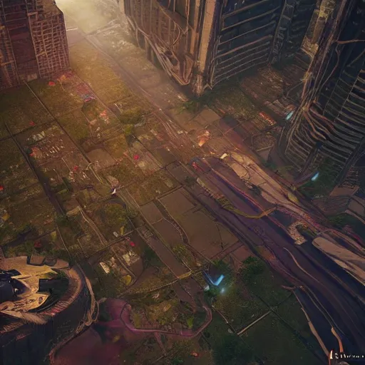 Image similar to mumbai in the year 2 0 7 0, epic, dramatic lighting from above, dark, vines, fantasy, dust, unreal engine, octane, highly detailed, concept art, dark, super realistic,