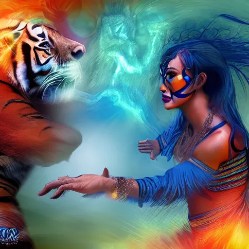 Prompt: mystic amazon fighting a tiger, digital art