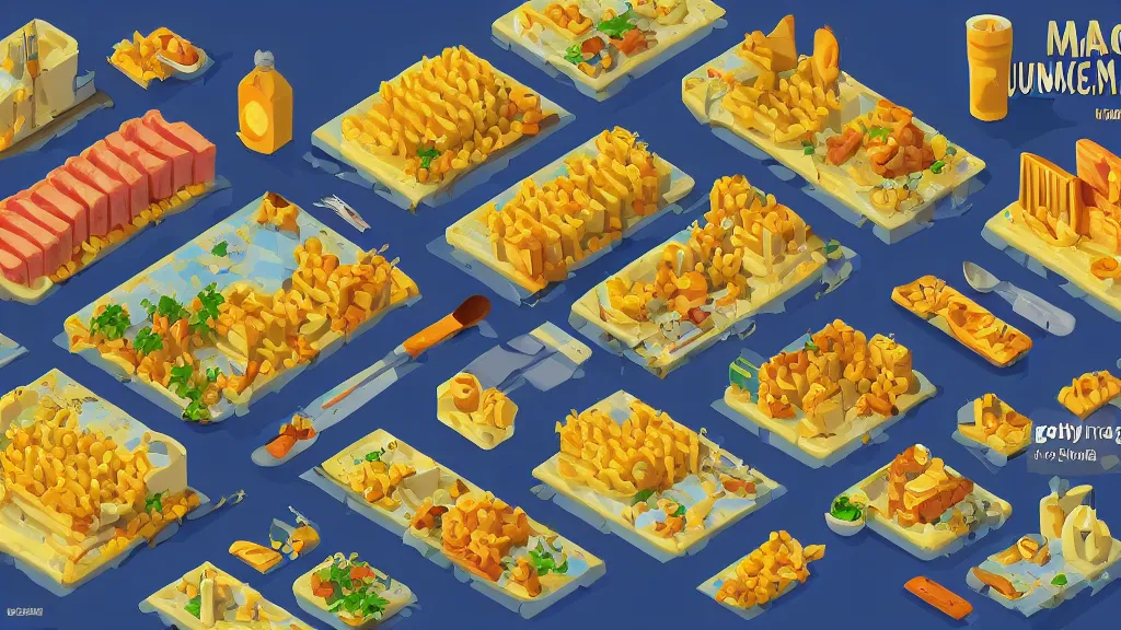 Image similar to mac and cheese humble isometric tuna village / city setting