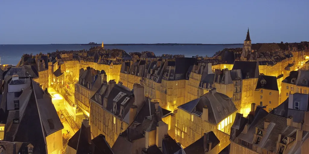Prompt: view of roof of saint - malo towards the sea at night