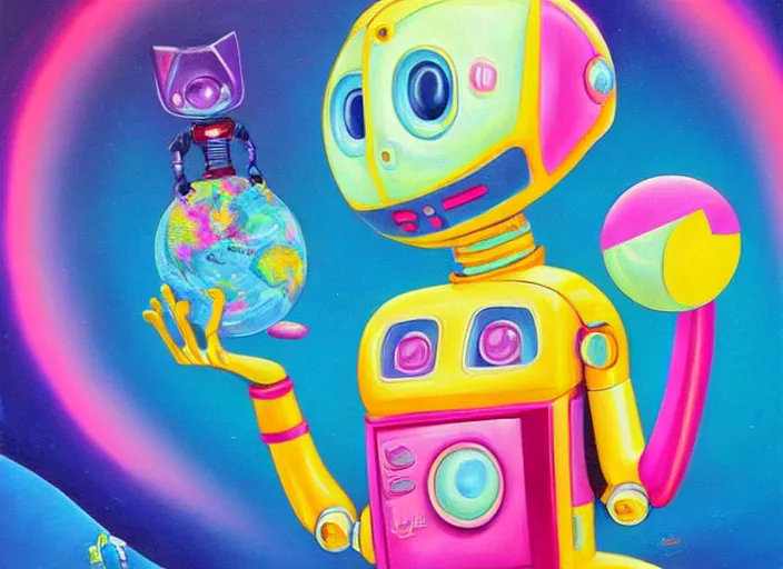 Prompt: a cute robot girl holds the world in her hand, an ultrafine detailed painting by lisa frank, trending on deviantart, pop surrealism, whimsical, lowbrow, colorful