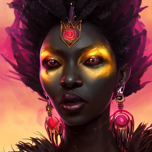 Image similar to a dark and ominous african queen with glowing eyes and a golden crown with a ruby and a black diamond in her forehead, spirits float in the background, Apex Legends character digital illustration portrait design, by android jones and greg rutkowski in a cyberpunk voodoo style, detailed, cinematic lighting, wide angle action dynamic portrait