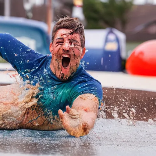 Image similar to a man sliding through pudding, slip n slide, professional photo, funny