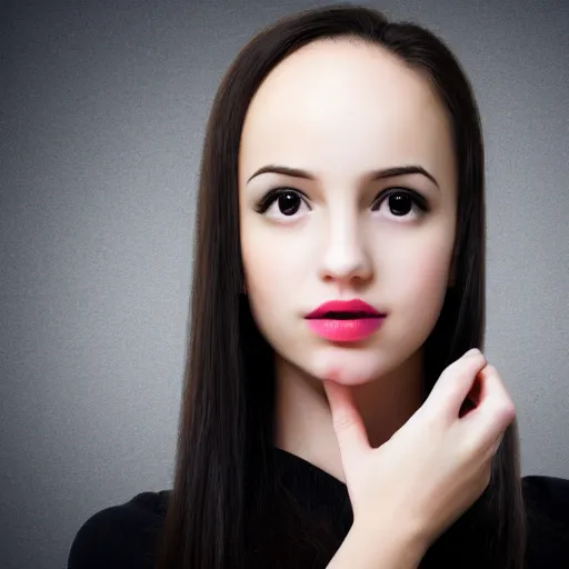 Image similar to photograph of girl with big forehead with square face and small bird beak lips and small round nose and dark black, high detail 8k,