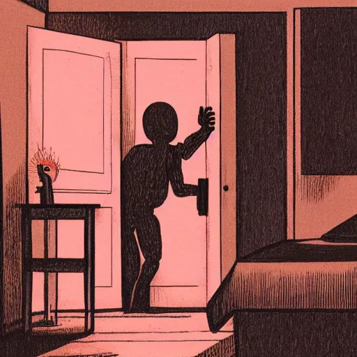 Prompt: creepy humanoid figure peeking into a cozy bedroom, horror illustration
