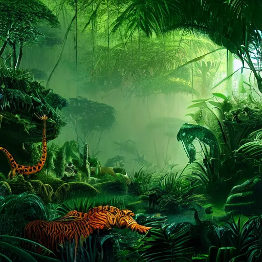 a surreal jungle landscape in an other worldly