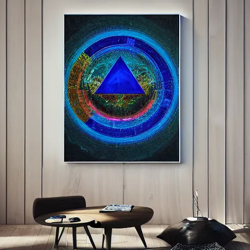 Prompt: elysium mothership retribution sacred geometry canvas carefully structured abstract expressionism painting overdue for being hung on a wall in a modern magical museum world painting on canvas by Eeee Aaa (2041)