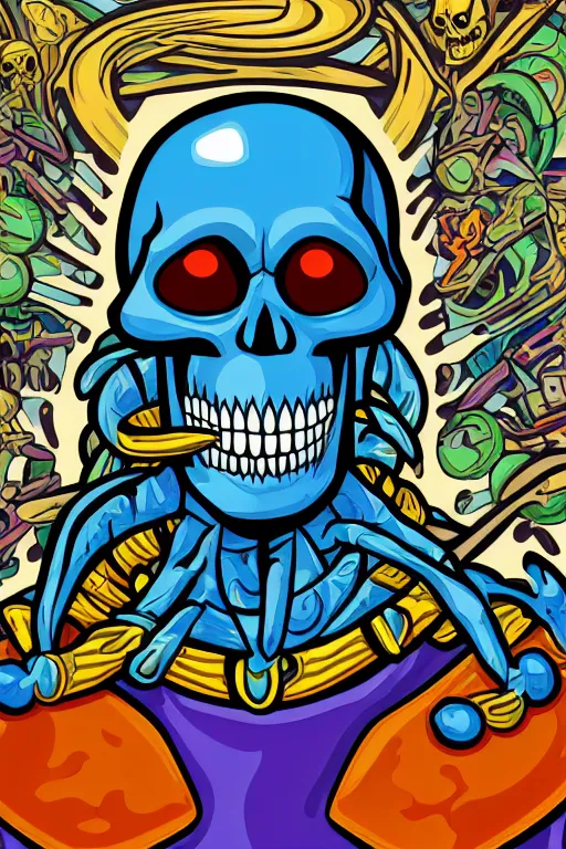 Prompt: A portrait of a skeletor that is a thug, sticker, colorful, illustration, highly detailed, smooth and clean vector curves, no jagged lines, vector art, smooth