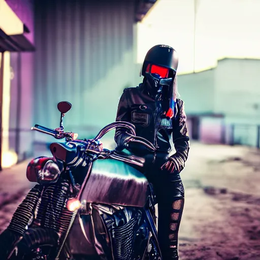 Image similar to a girl dressed in cyberpunk gear sits on a motorbike in a dystopian landscape, 5 0 mm lens, f 1. 4, sharp focus, ethereal, emotionally evoking, head in focus, volumetric lighting, blur dreamy outdoor,