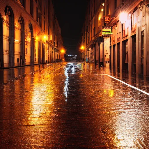 Prompt: a city street at night, raining, photograph