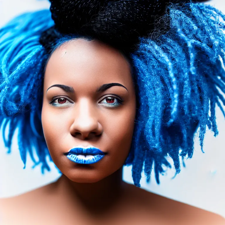 Prompt: black woman with blue hair, portrait, very realistic, highly detrailed