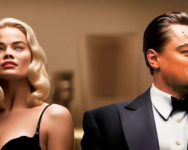 Image similar to leonardo dicaprio as the wolf of wall street next to margot robbie as naomi from the wolf of wall street, hyper realistic faces, hyper realistic eyes, cinematic, long shot, hyper detailed, 8 5 mm photograph, 8 k resolution, film still, sharp lens, wide lens