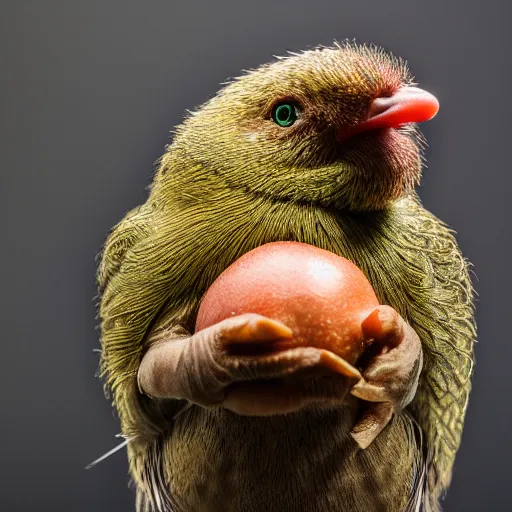 Prompt: realistic photograph of a kiwi bird holding a kiwi fruit, studio lighting, high quality, award winning