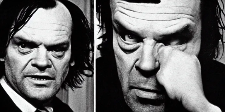 Image similar to photorealistic wide profile master shot cinematography of the character jack torrance played by jack nicholson from stanley kubrick's 1 9 8 0 film the shining sitting at the overlook hotel's gold ballroom bar starring right at the camera shot on 3 5 mm eastman 5 2 4 7 film by the shining cinematographer john alcott on a 1 8 mm cooke panchro lens.