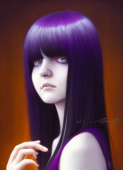 Image similar to hair blackbangs hair, white hair, blackbangs, portrait of teenage girl with white hair, red irises, purple clothes, black bangs, bangs are different color from hair, intricate, elegant, glowing lights, highly detailed, digital painting, artstation, concept art, smooth, sharp focus, illustration, art by wlop, mars ravelo and greg rutkowski