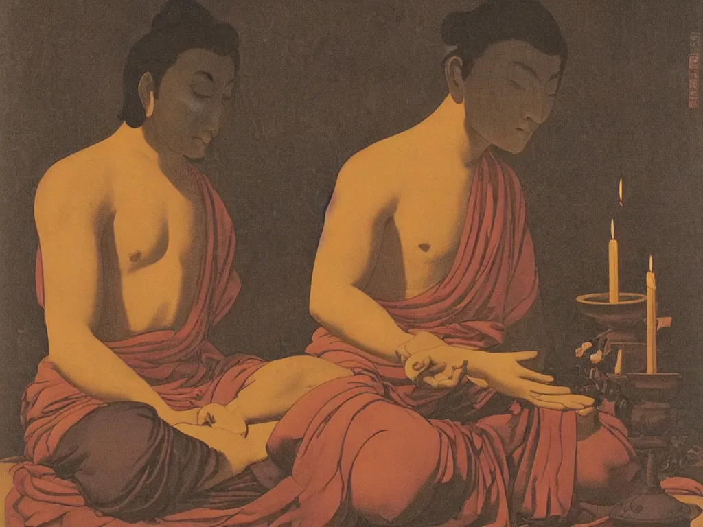 Image similar to Portrait of intense man with eyes closed, meditating cross legged in a Zen temple at the candle light. Vase with wilted flowers, small statue of the Buddha. Painting by Georges de la Tour