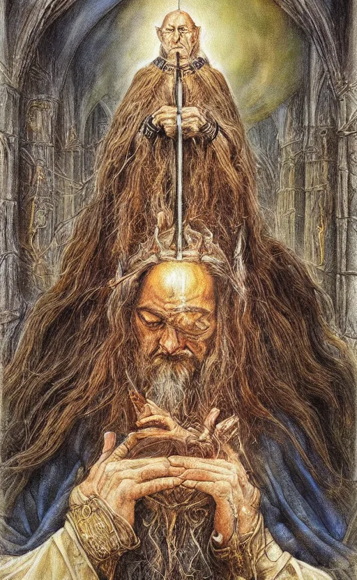 Image similar to the hierophant portrait by john howe, lord of the rings fantasy art, traditional painting, highly detailed