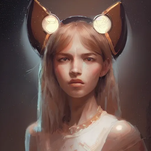 Prompt: portrait of a beautiful cute girl with robot ears by greg rutkowski, 4k, intricate details, coffee and stars background