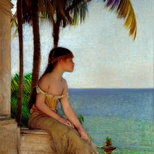 Image similar to a ultradetailed beautiful painting of a girl in the amazonas palace balustrade designed by jules bastien - lepage, hans belmer, frank weston and gustave baumann, beach, trending on artstation, mediterranean, palm trees, refracted color sparkles, sharp focus, soft light, 8 k 4 k