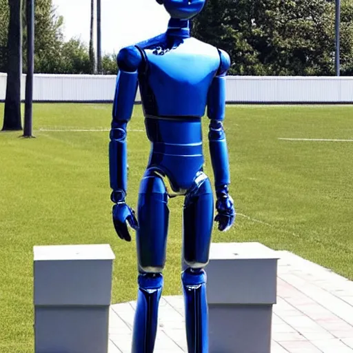 Image similar to a realistic detailed photo of a guy who is an attractive humanoid who is half robot and half humanoid, who is a male android, soccer player martin ødegaard, shiny skin, posing like a statue, blank stare, by the pool, on display, showing off his muscles, humanoid robot, frozen ice statue