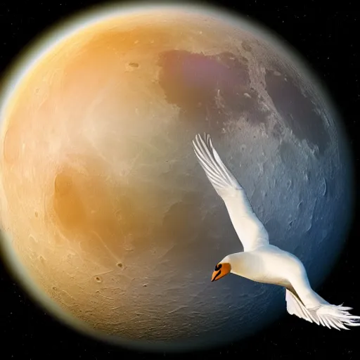 Image similar to a swan - human hybrid dancing on the moon, with the earth and the sun in the background. the earth and the sun are punching each other. space photography