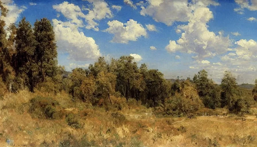 Image similar to a beautiful blue sky with white fluffy clouds by eugene von guerard, ivan shishkin, john singer sargent