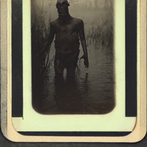 Prompt: creepy lovecraftian monster in swamp, 1910 Polaroid photo