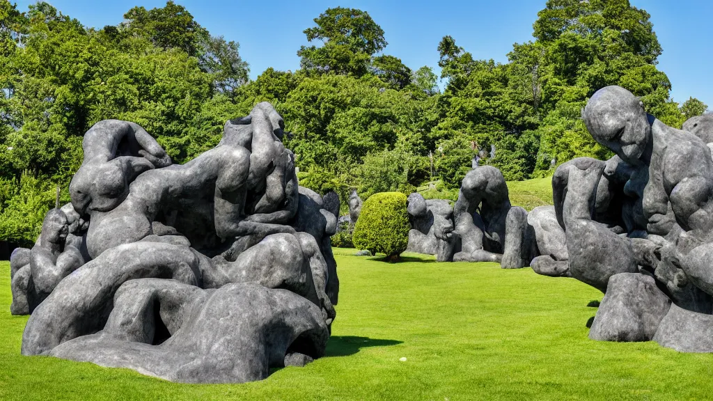 Prompt: ( a colossal impossible granite sculpture garden by michelangelo and henry moore and david cerny, on a green lawn, distant mountains, 8 k, dslr camera ), whose mothers live between an easy life and a memory to be, award winning