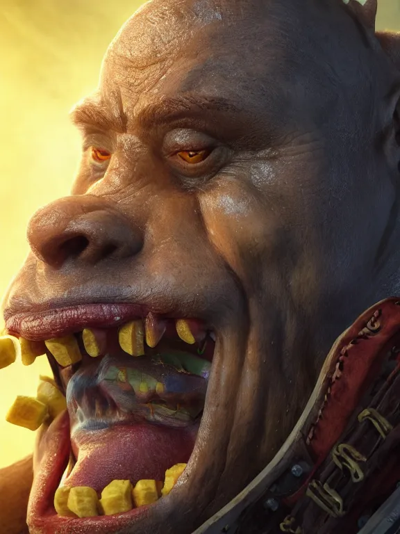 Prompt: portrait art of an orc using a banana as a phone, 8k ultra realistic , lens flare, atmosphere, glow, detailed, intricate, full of colour, cinematic lighting, trending on artstation, 4k, hyperrealistic, focused, extreme details, unreal engine 5, cinematic, masterpiece