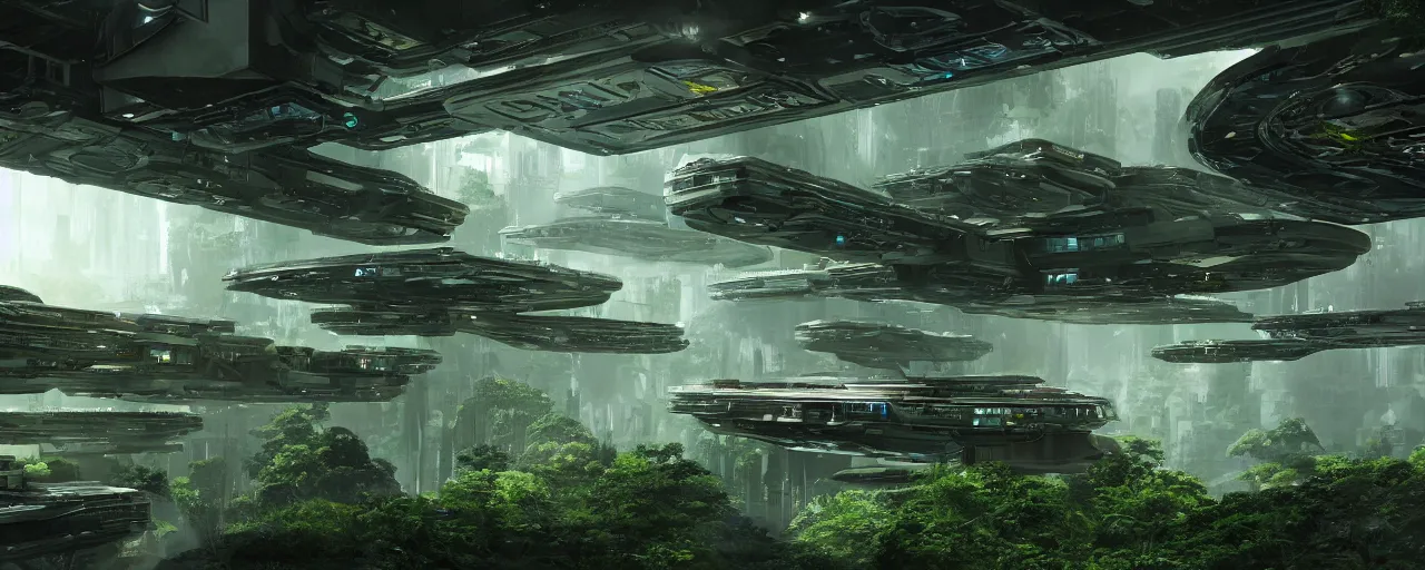 Image similar to a photo of a detailed science-fiction freight wide open architectural multi-level spaceship docking bay with balconies overlooking a dense green forest, with people working, looking out into space, 4k, unreal engine, concept art, matte painting, cosmic horror, nightmare,