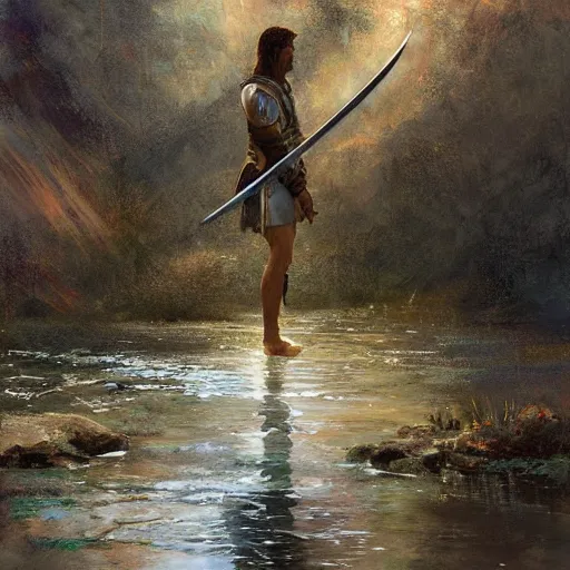 Image similar to digital painting of a hand holding a sword coming out of a lake by james gurney, craig mullins