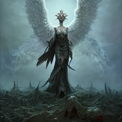 Prompt: beautiful angel of death stands in a field of bones, highly detailed matte fantasy painting, cinematic lighting, DeviantArt Artstation, by Peter Mohrbacher,