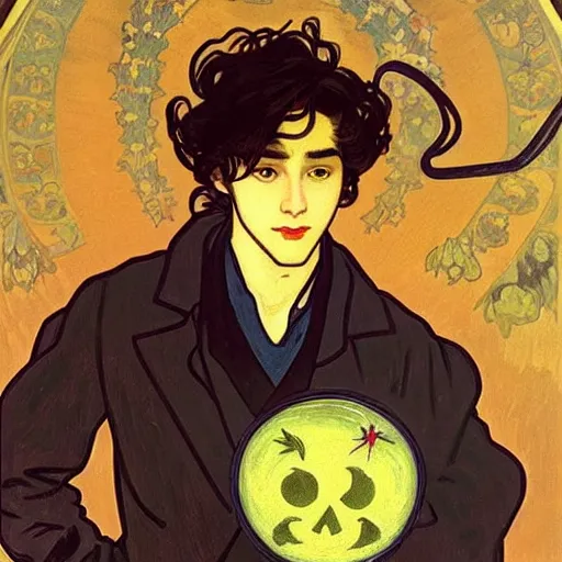 Image similar to painting of young cute handsome beautiful dark medium wavy hair man in his 2 0 s named shadow taehyung and cute handsome beautiful min - jun together at the halloween! party, bubbling cauldron!, candles!, smoke, autumn! colors, elegant, wearing suits!, delicate facial features, art by alphonse mucha, vincent van gogh, egon schiele