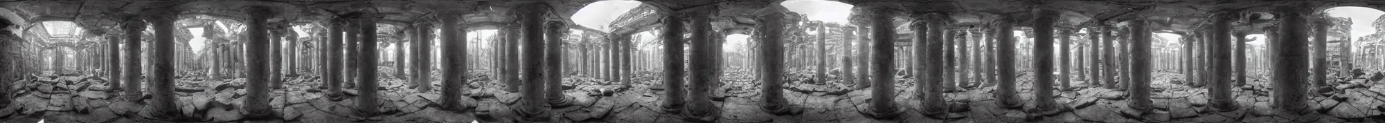 Image similar to photo of an immersive forgotten panopticon well, with columns and destroyed cybernetics from an ancient civilization, photorealistic, higly detailed dark, 3 6 0 picture, panorama, 3 5 mm slide, trending on flickr, in the style of francesca woodman, zachary corzine, zhelong xu, greg rutkowski and anders zorn