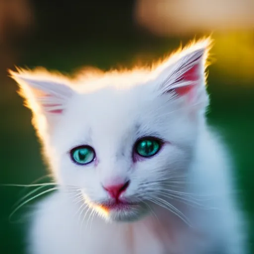 Prompt: an adorable smol fluffy white kitten with green eyes at golden hour, bokeh,