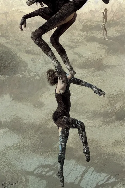 Image similar to a full body portrait of a beautiful post apocalyptic offworld desert gymnast leaping in ballet dance pose by the emerald oasis pools, intricate, elegant, highly detailed, digital painting, artstation, concept art, smooth, sharp focus, illustration, art by krenz cushart and artem demura and alphonse mucha