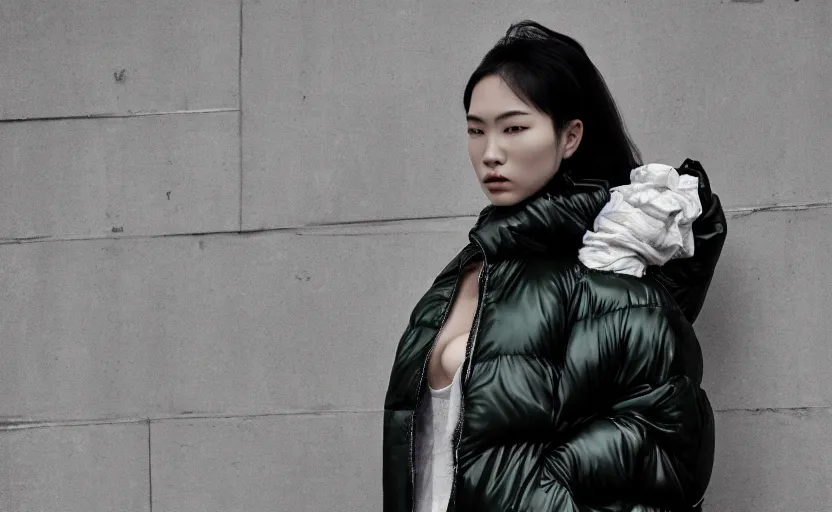 Image similar to well lit fashion shoot portrait of extremely beautiful female marble statue wearing huge over size puffer jacket by dingyun zhang, yeezy, balenciaga, vetements, a cold wall, sharp focus, clear, detailed,, cinematic, detailed, off white, glamourous, symmetrical, vogue, editorial, fashion, magazine shoot, glossy