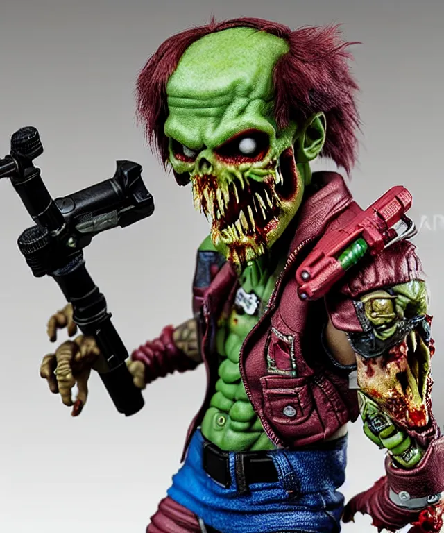 Image similar to hyperrealistic rendering, punk rock zombie is motu action figure, product photography