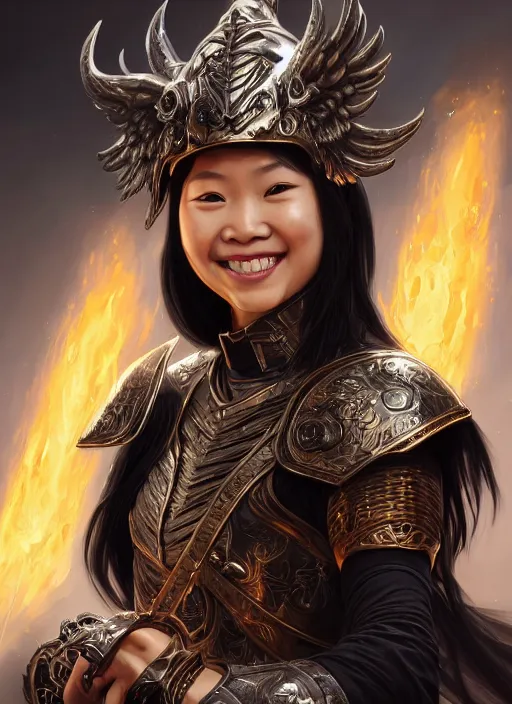 Prompt: Close-up portrait of smiling young asian woman wearing a black armor with skulls and a winged helmet and, holding a magic staff, portrait, fireball, highly detailed, digital painting, artstation, concept art, sharp focus, illustration, art by artgerm and greg rutkowski and alphonse mucha