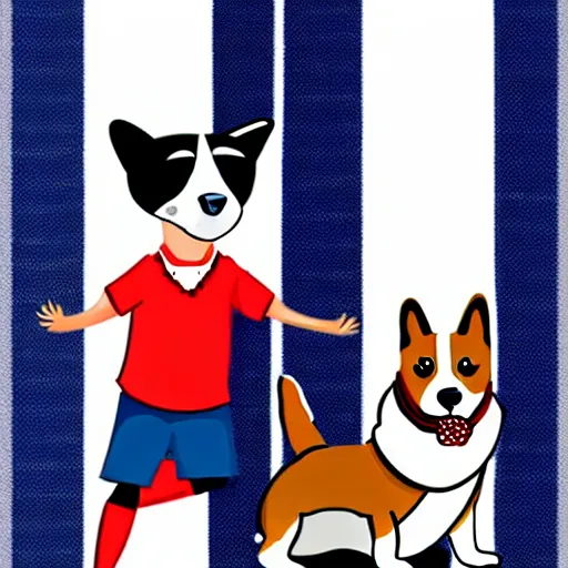 Image similar to illustration of french boy playing football with a corgi wearing a polka dot scarf in paris